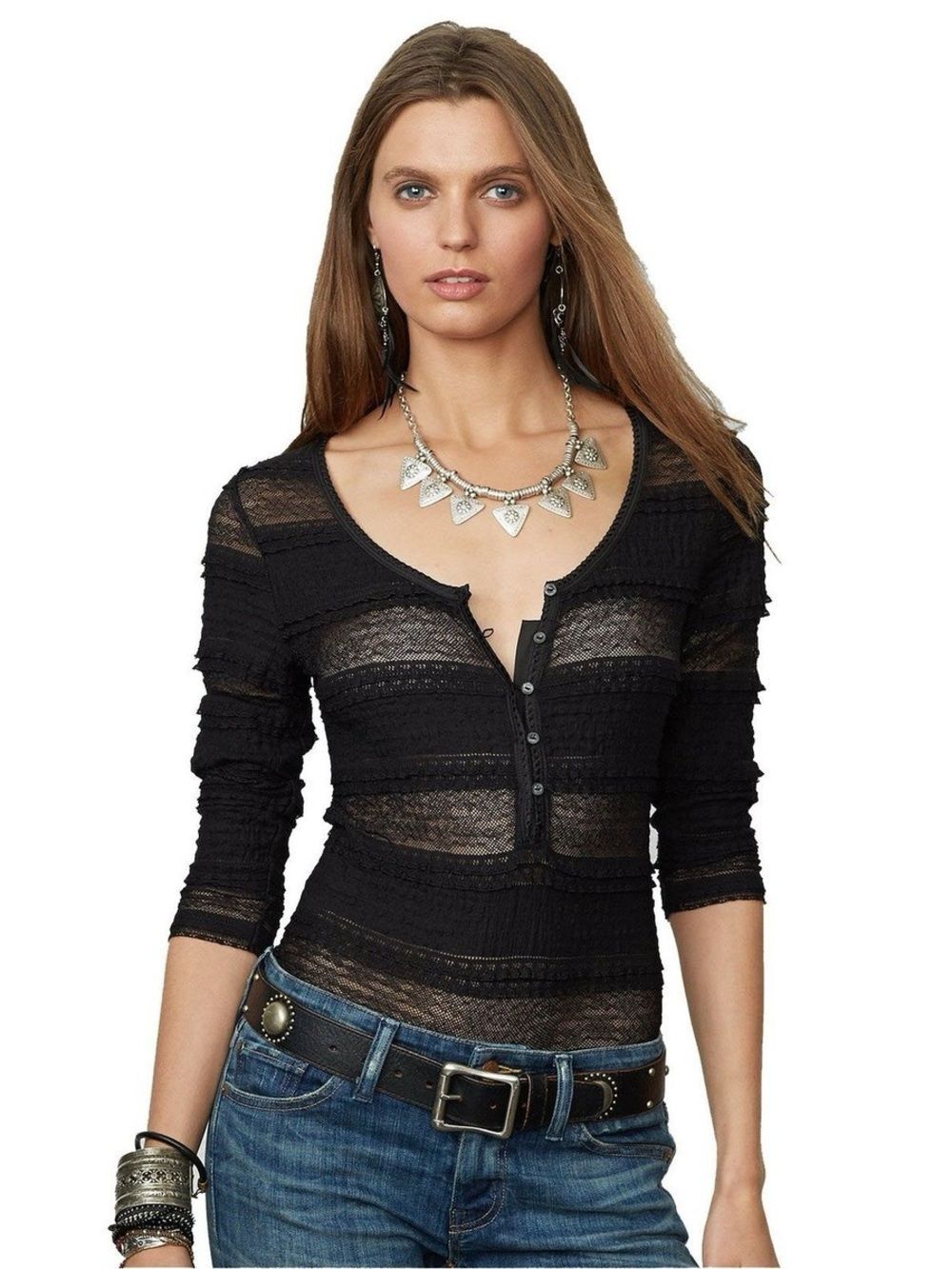 Denim & Supply Ralph Lauren Black Sheer Lace 3/4 Sleeve Striped Henley Top